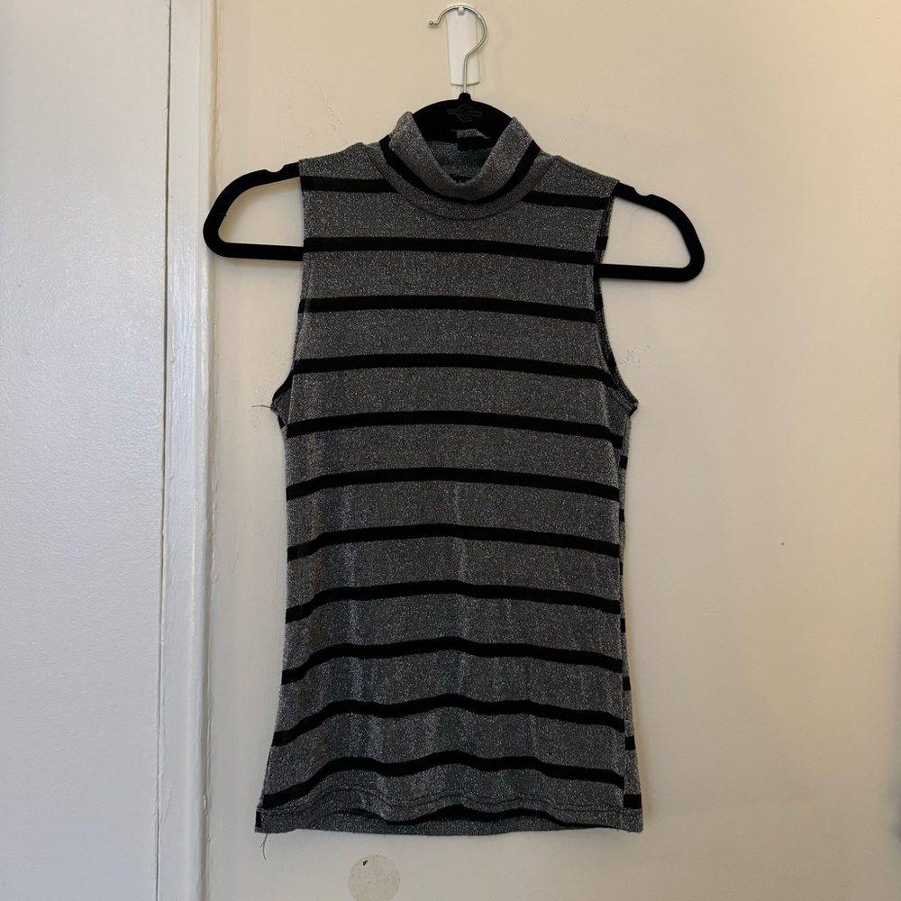 Vintage Semi-Sheer Gray & Black Striped Mock Neck Tank Top